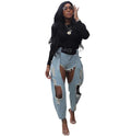 European and american cross-border women's clothing:  women's casual denim jeans, streetwear fashion distressed ripped belted denim pants