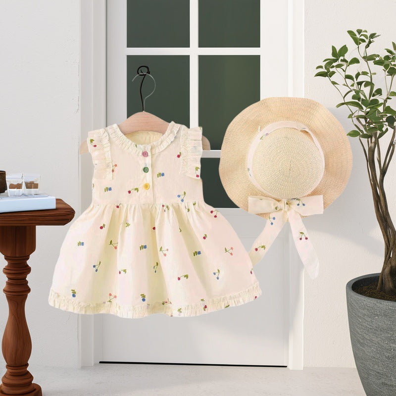 Girls' summer dress  new style children's skirt cherry little girl chic princess dress kids' clothing with hat