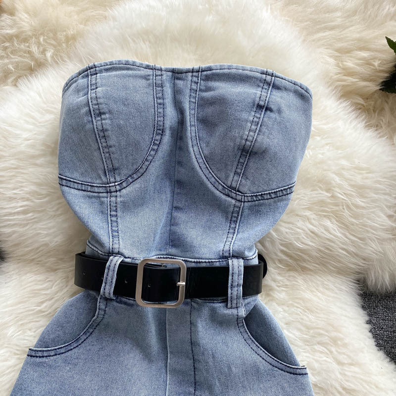 Tube topworkwear jumpsuit women's new arrivalhigh waistslimming look wide leg shortspetitescasual jumpsuit hot girl pants