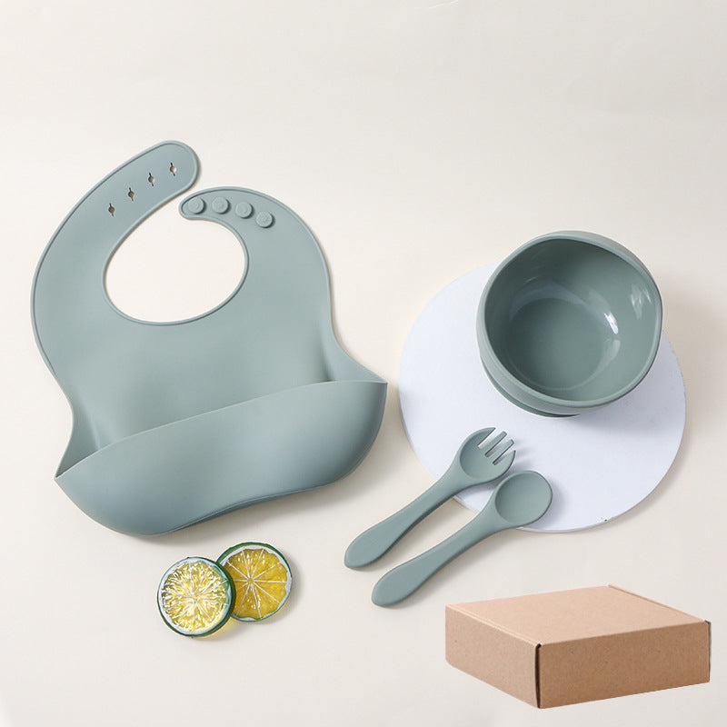 hot-selling silicone tableware suit baby kids bib suction cup bowl fork spoon suit saliva pocket dinner plate suit