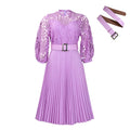 C8595 european and american export women's clothing  new arrival elegant solid color lace crochet hollow-out pleated cross-border dress