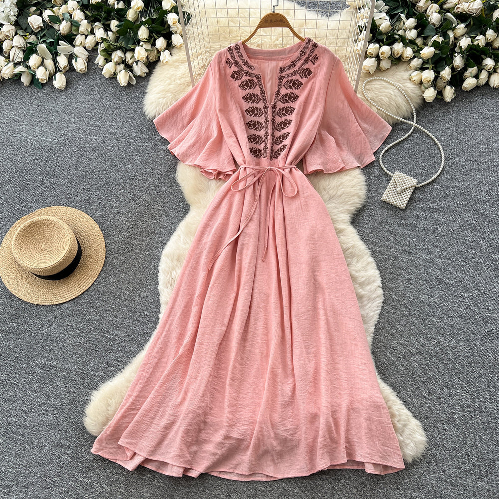 French chic embroidered v-neck dress - women's summer short sleeve, slim fit a-line maxi dress for vacation