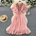 French chic embroidered v-neck dress - women's summer short sleeve, slim fit a-line maxi dress for vacation