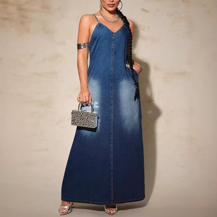 Amazon  asia cross-border fashion new arrivalplus size women's clothing new arrival denim suspender longdress
