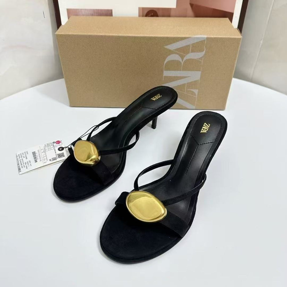 Za summer new arrivals 2025: women's round-toe heeled sandals with metal buckle strap detail and open back – stylish ankle strap sandals