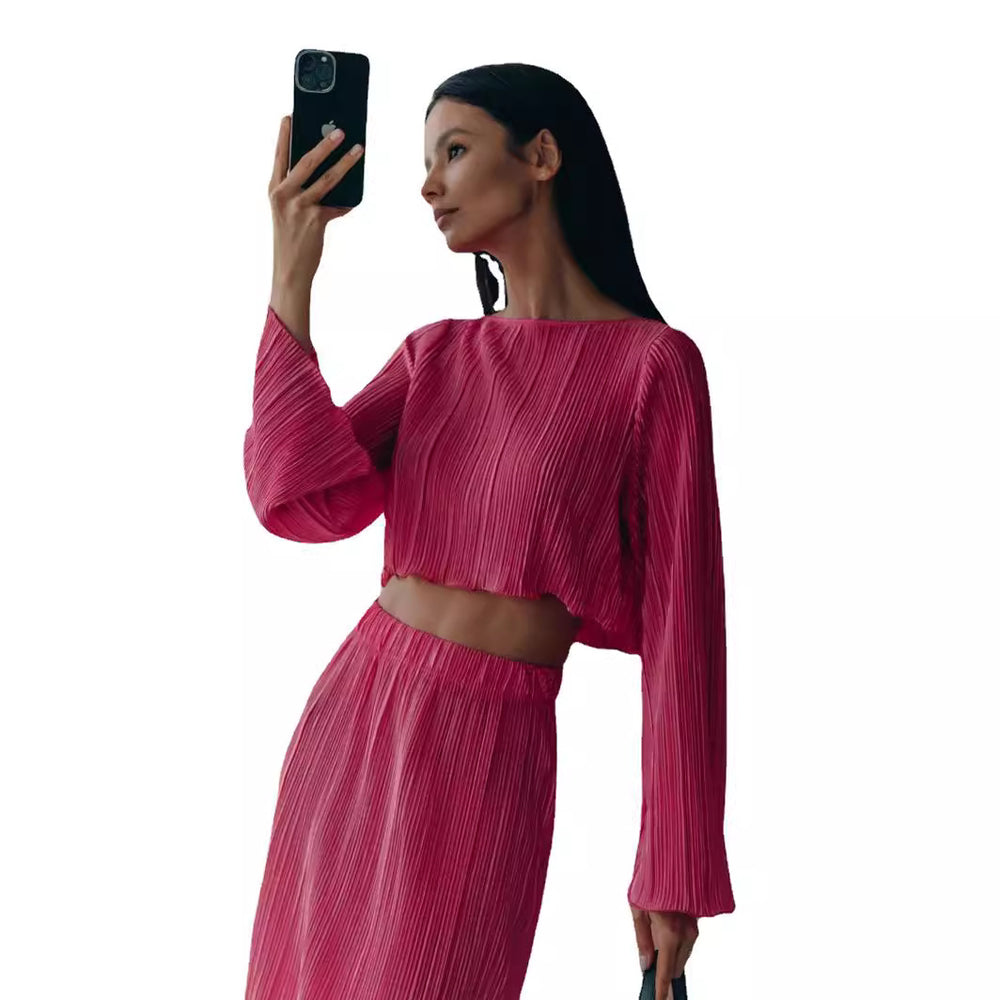 cross-border  fashion: european & american casual short flared sleeve top & exquisite pleated maxi skirt set