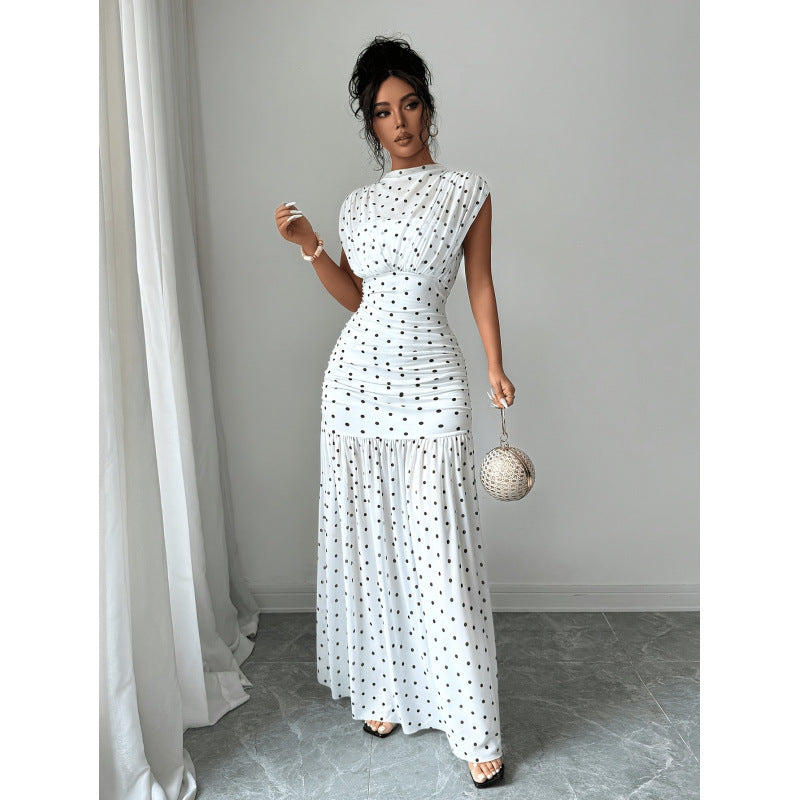 Women's summer new fashion elegant polka dot print ruched bust cinched waist sleeveless maxi dress