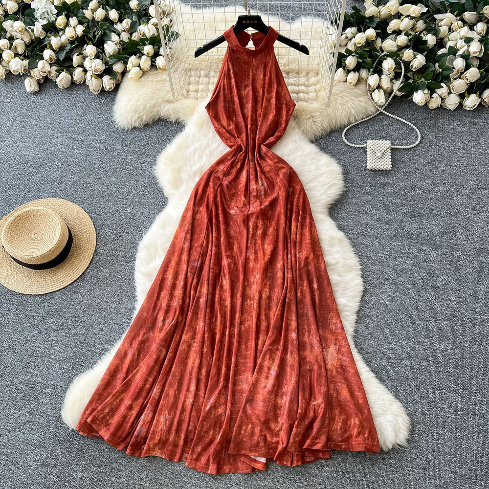 Frenchretro style classy sense of smudged halter sleeveless dress women's summer waist design beautiful long skirt