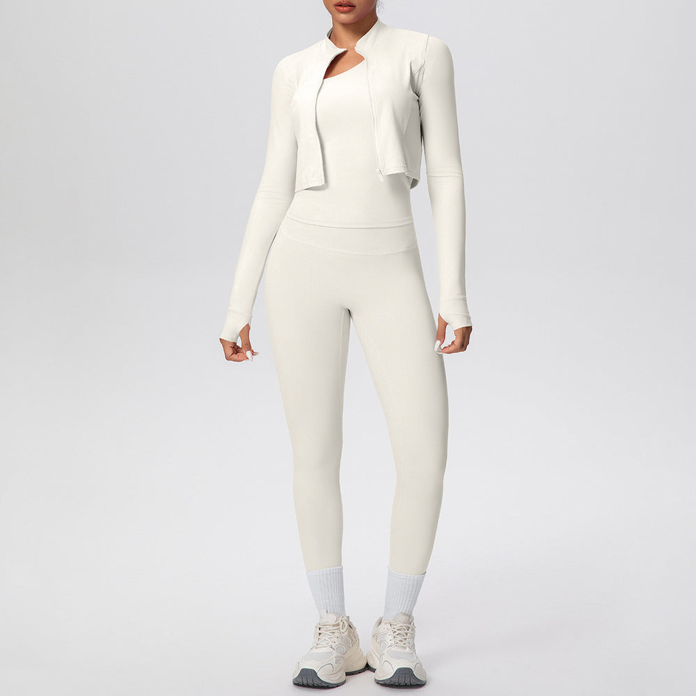 Cloud-feel quick-dry zip-up jacket high-waisted yoga leggings set - outdoor casual running fitness activewear 3-piece set