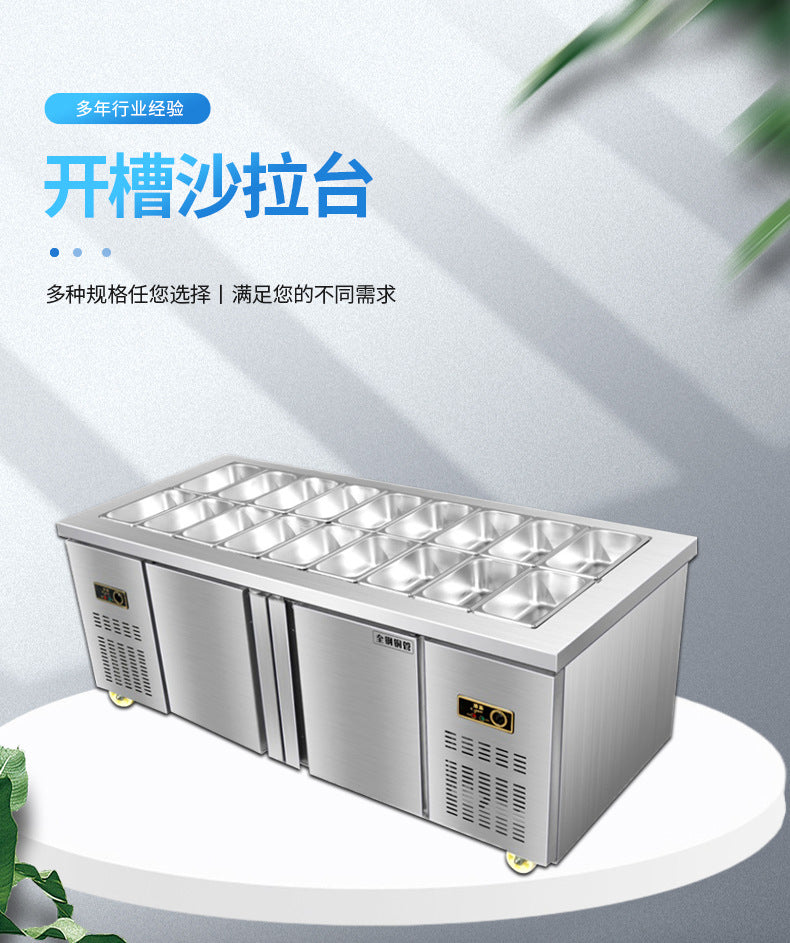 Slotted salad table, commercial fresh-keeping refrigerated work table, pizza side dish refrigerator, fruit display cabinet, thermal insulation spray
