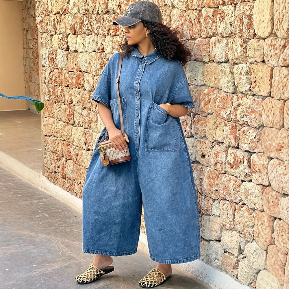European and american style denim jumpsuit  cross-border foreign trade women's washed single-breasted short-sleeved loose jumpsuit