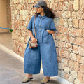European and american style denim jumpsuit  cross-border foreign trade women's washed single-breasted short-sleeved loose jumpsuit