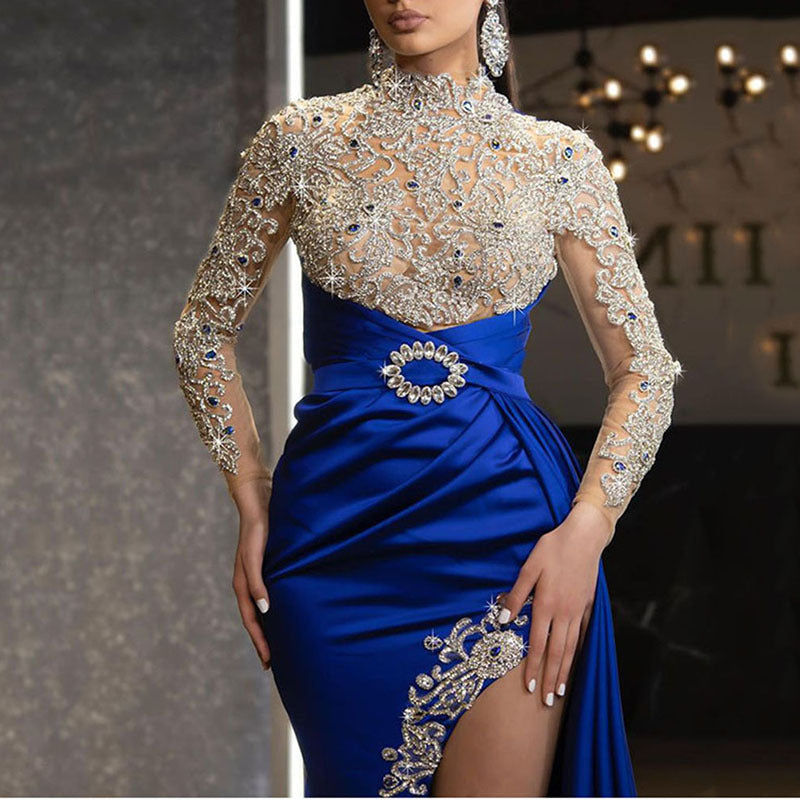 2025 spring/summer new arrivals: european and american style women's blue and gold splatter print crew neck dress - sexy patchwork evening gown maxi dress