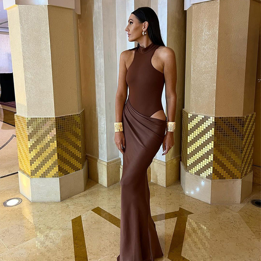 European and american style new  cross-border women's fashion mock neck sleeveless slim-fit patchwork cutout bodycon dress
