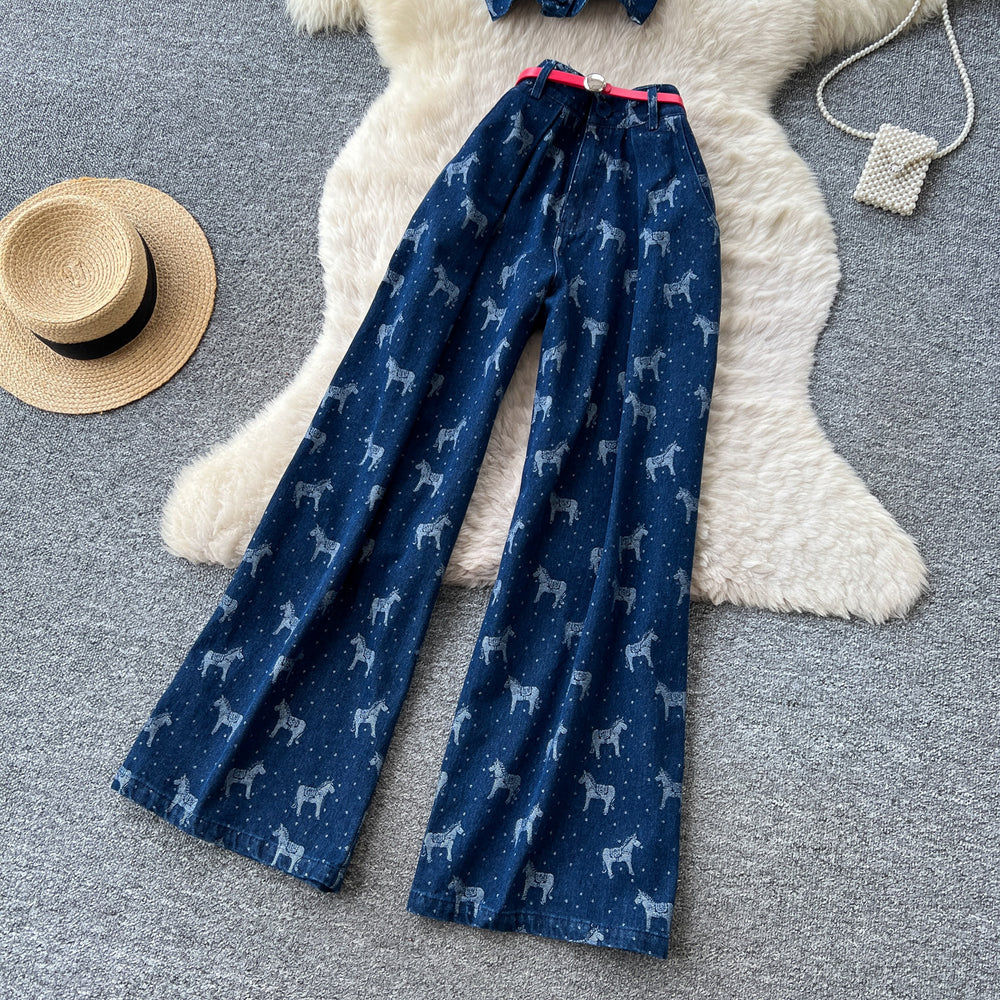 American retro slim-fit denim set: women's bandeau top & high-waisted flare jeans two-piece - summer slimming look