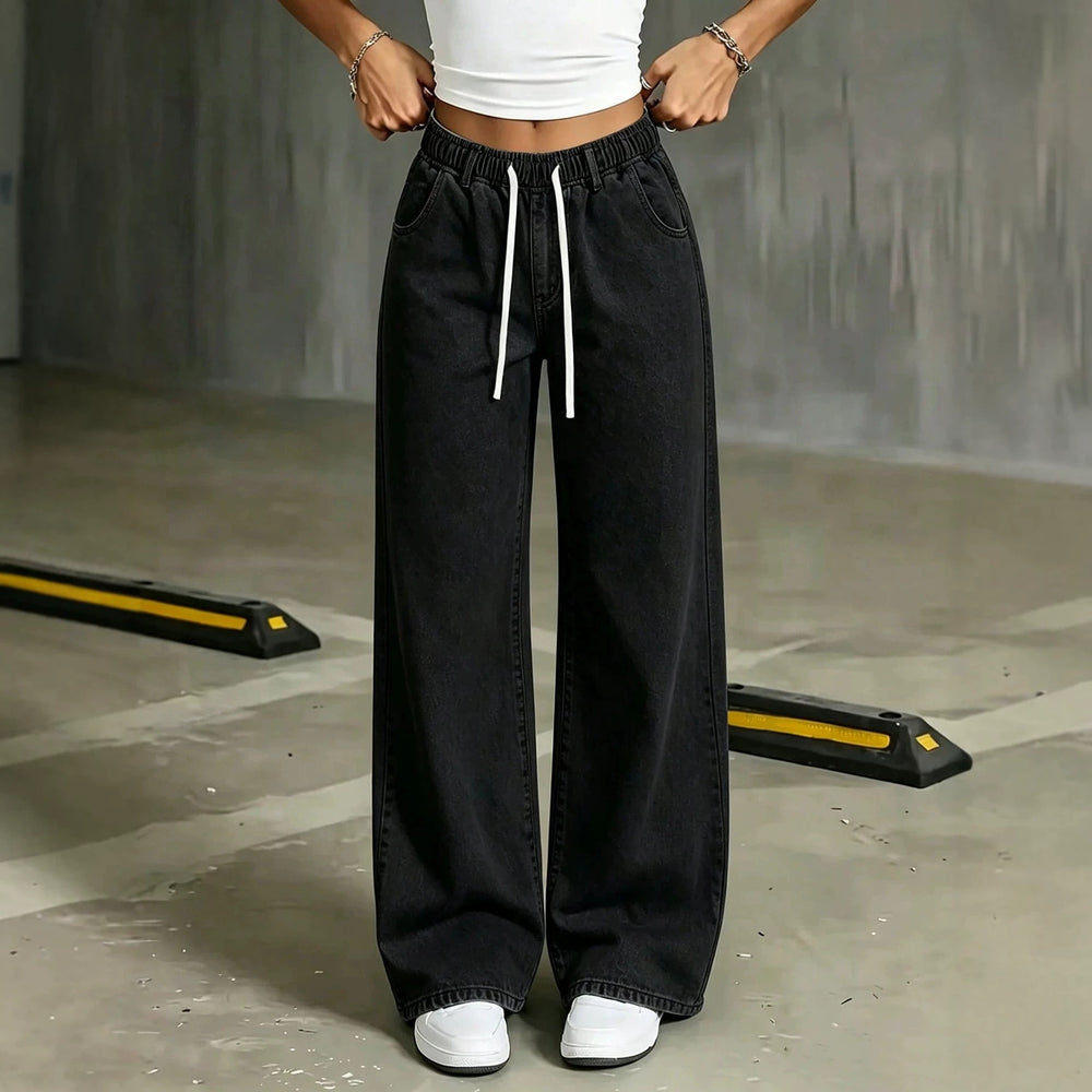 Fashionjeans women's washed drawstring elastic waist loose pantscasualloosedrapedmopstraight-leg pants