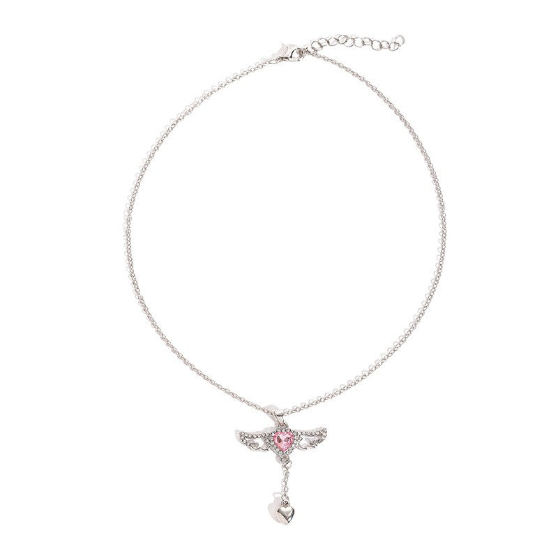 Wholesale alloy heart pendant - new cross-border fashion jewelry, versatile women's necklace with diamond-studded wings, alloy clavicle chain