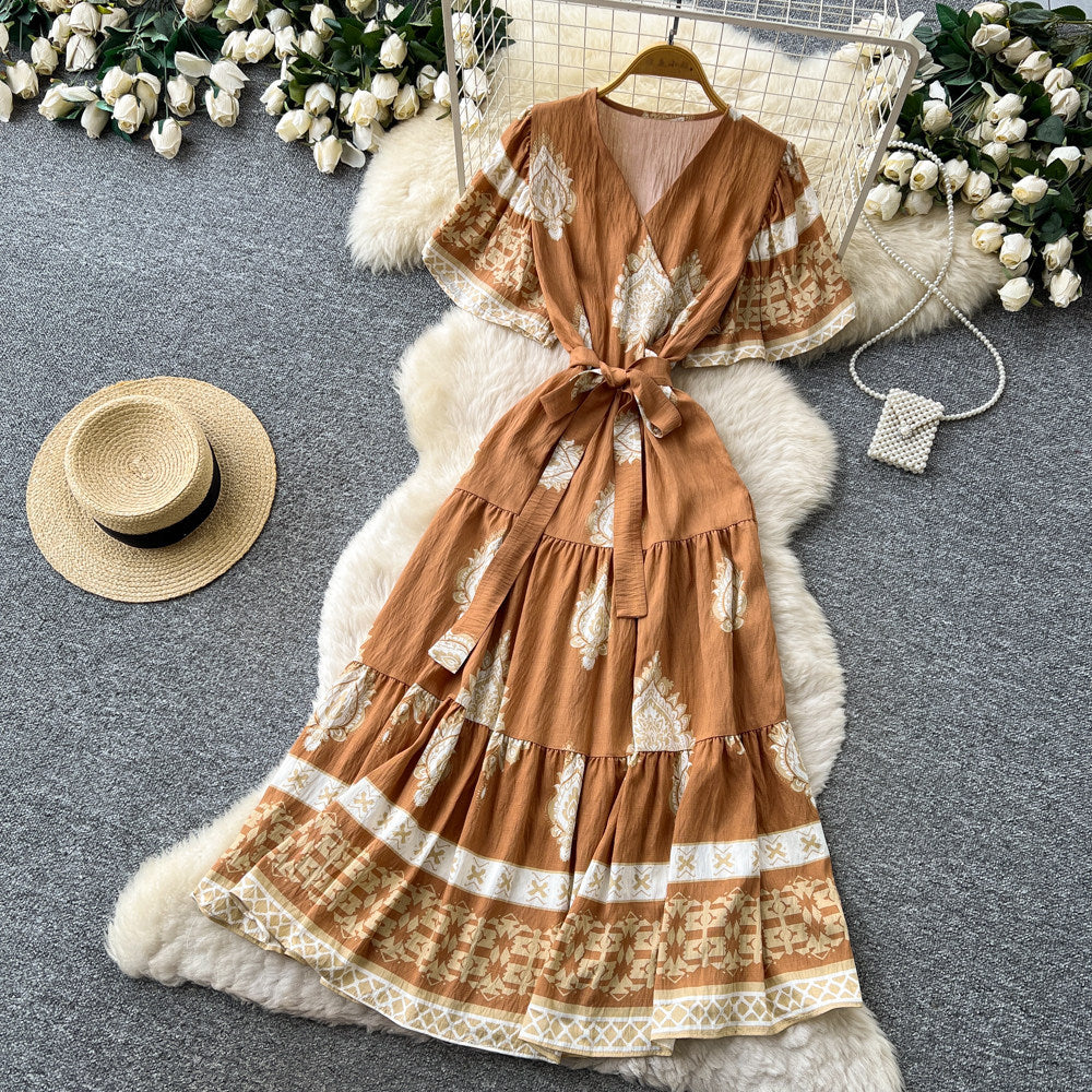 Bohemian print tie-waist dress - women's summer  v-neck slimming a-line maxi dress - red