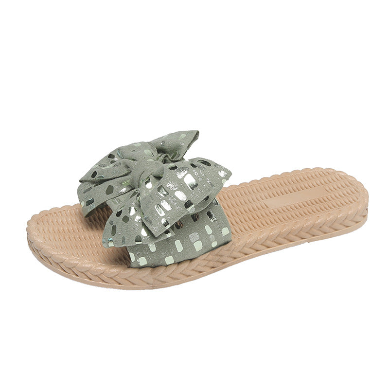 Women's summer slippers - trendy, non-slip, flat, bow-embellished, indoor/outdoor/beach sandals - instagrammable fairy style
