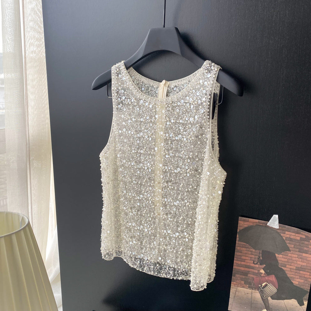 Luxury sequin & beaded mesh tank top -  summer collection - elegant & versatile sleeveless top for the modern woman