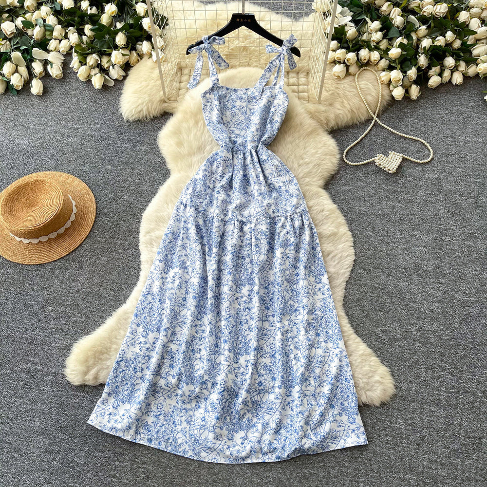 Vacation style printing suspender casual sleeveless dress for women summersense of designhigh waist waist slimming look long skirt yellow
