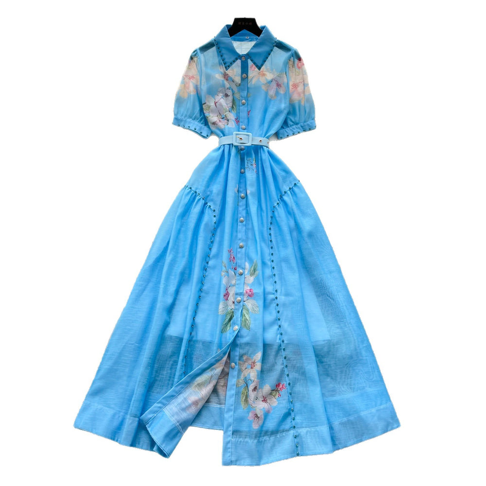 Elegant bubble sleeve floral embroidered dress - women's summer korean style a-line dress with cinched waist - soft & chic for work or play