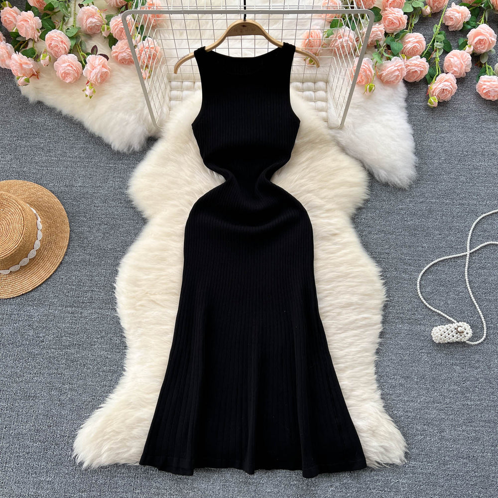 Striped dress women's summer  new french style high-end sleeveless slimming mermaid knit dress