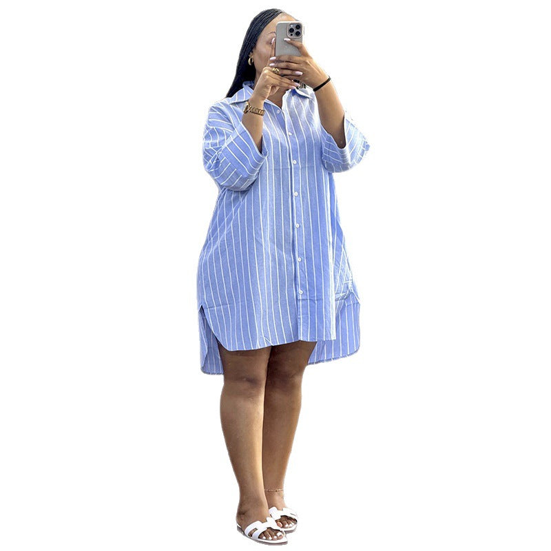 European and american cross-border women's clothing:  summer new fashion turn-down collar button-down loose striped long-sleeve mid-length shirt for women