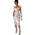 Women's elegant romantic mesh floral print ruched midi dress - perfect for weddings, parties, and dates