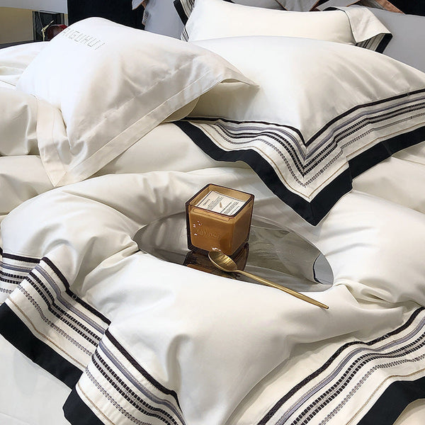 Luxury light luxury simple 100 long-staple cotton four-piece set pure cotton heavy industry embroidery quilt cover pillowcase skin-friendly and soft