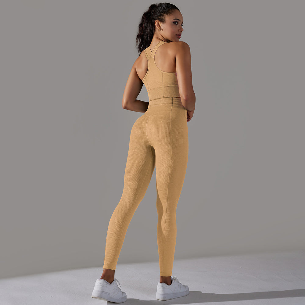 fashion seamless knittingpure color polka dot high elastic tight breathable yoga suit running fitness two-piece set