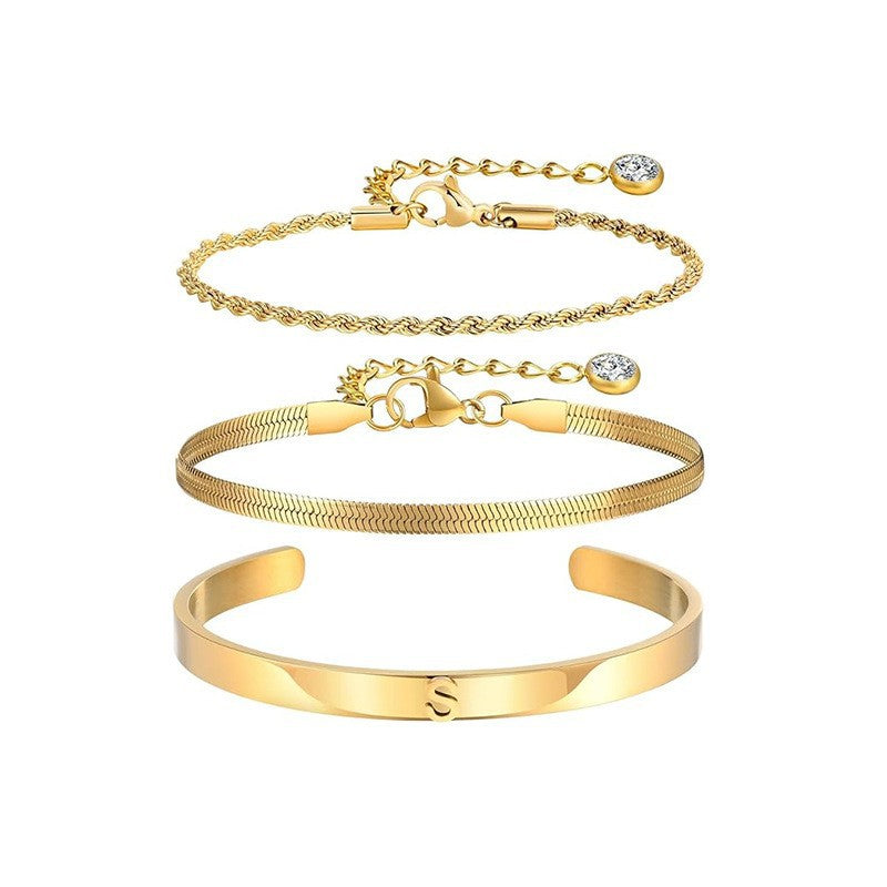 Three-piece bracelet set for women, everyday style, featuring stainless steel small square links, blade links, spacer bead links, nk links, twisted rope links, and polished links