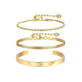 Three-piece bracelet set for women, everyday style, featuring stainless steel small square links, blade links, spacer bead links, nk links, twisted rope links, and polished links