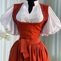 european and american women's clothing  new arrival: elegant and chic collared puff sleeve blouse and tie-waist dress two-piece set