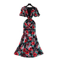 French romantic print bubble sleeve dress - women's summer mesh panel slim fit mermaid maxi dress