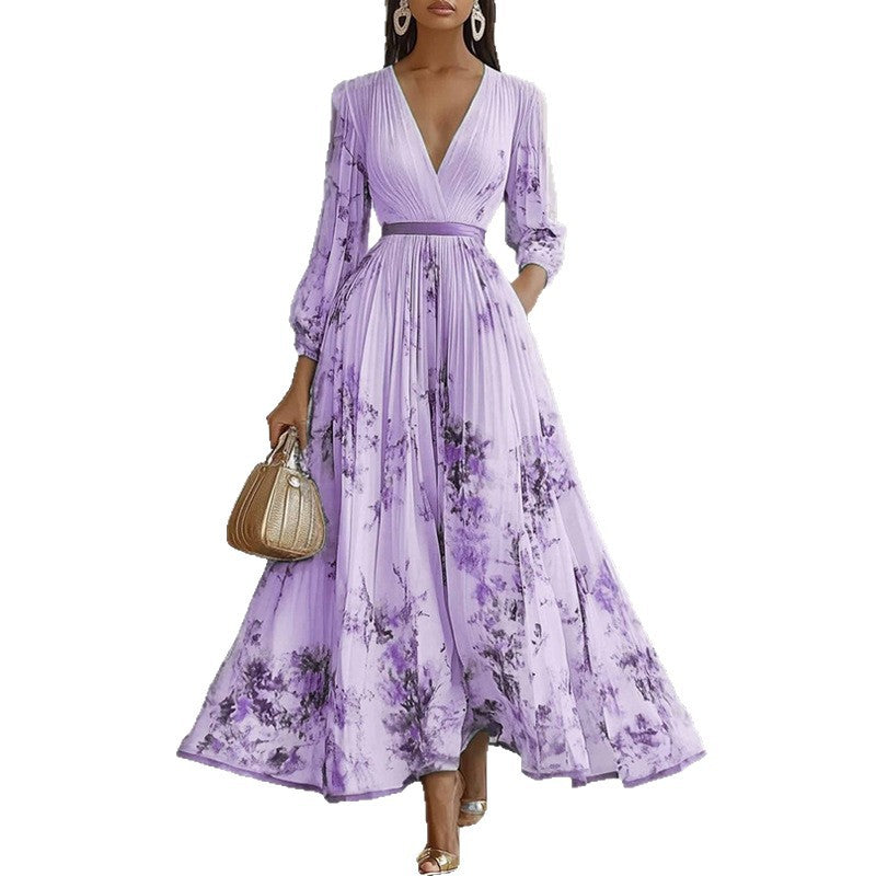 cross-border european and american women's clothing: new autumn fashion casual printed v-neck pleated a-line maxi dress