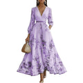 cross-border european and american women's clothing: new autumn fashion casual printed v-neck pleated a-line maxi dress