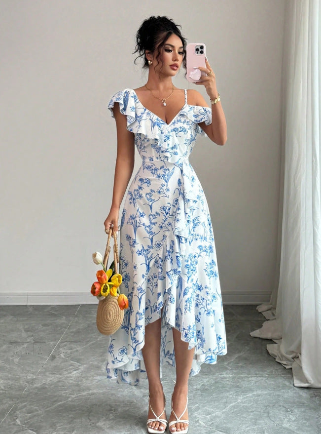 & independent store hot-selling printed ruffle-trimmed short-sleeve dress