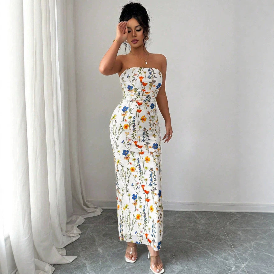 new european and american  cross-border summer export v-neck french print slimming a-line maxi dress