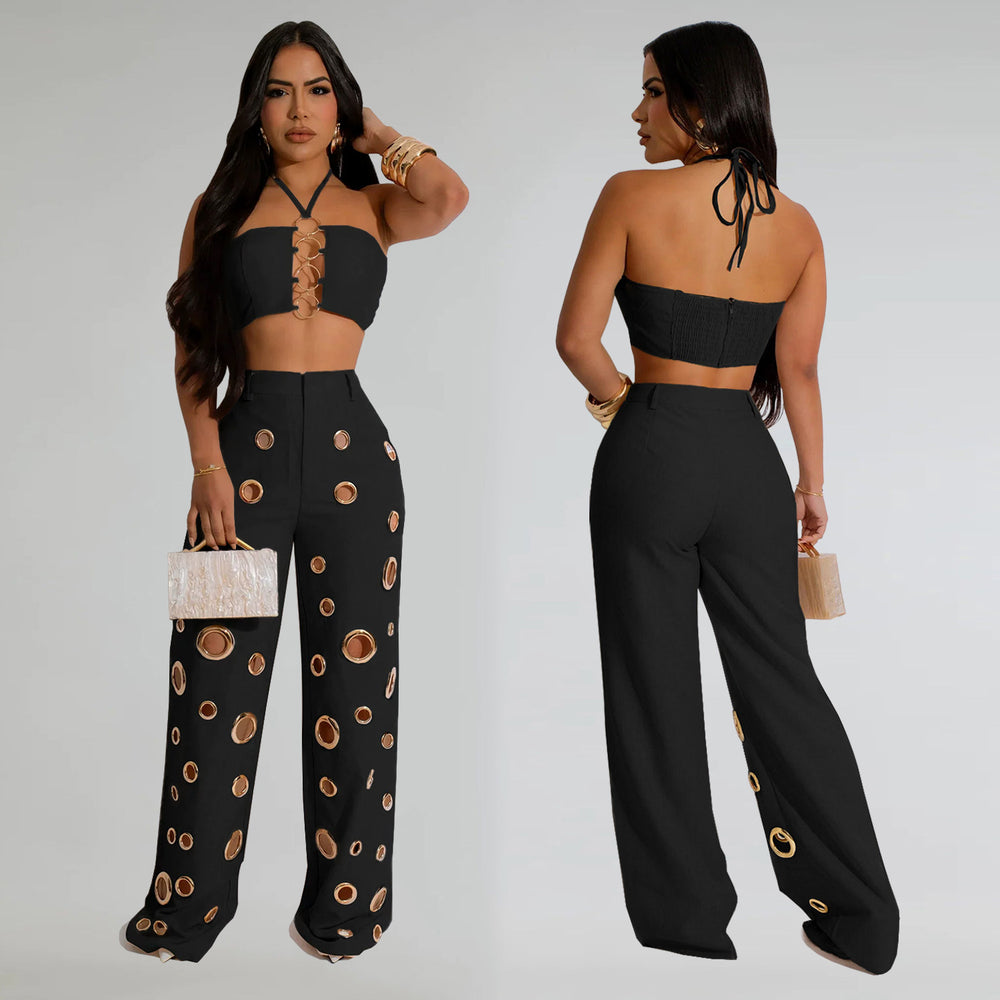 C7313 cross-border   fashion women's sexy eyelet metal buckle pants two-piece set new