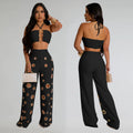 C7313 cross-border   fashion women's sexy eyelet metal buckle pants two-piece set new