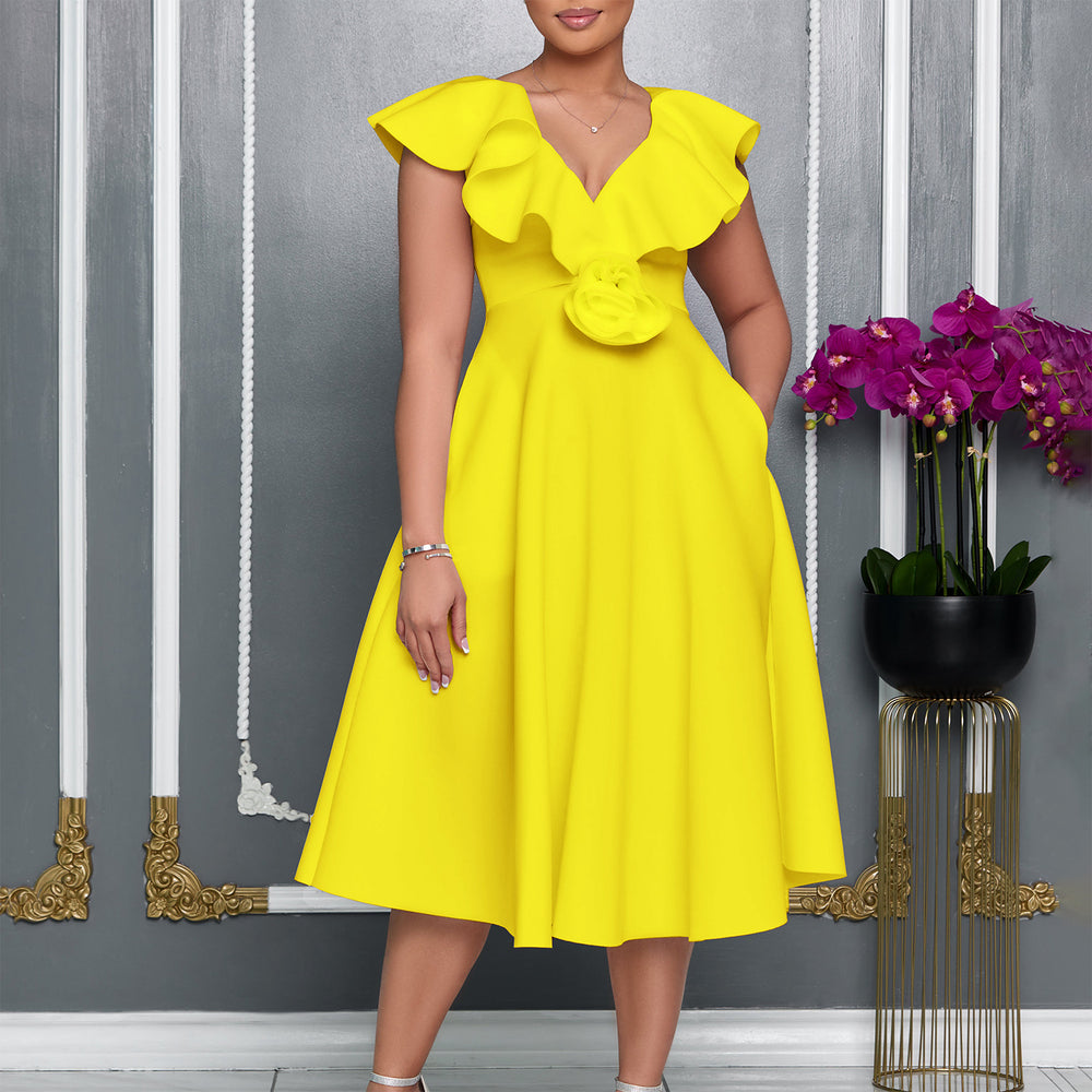 D565 cross-border women's fashion european and american  v-neck ruffle trim 3d floral skirt evening gown banquet dress