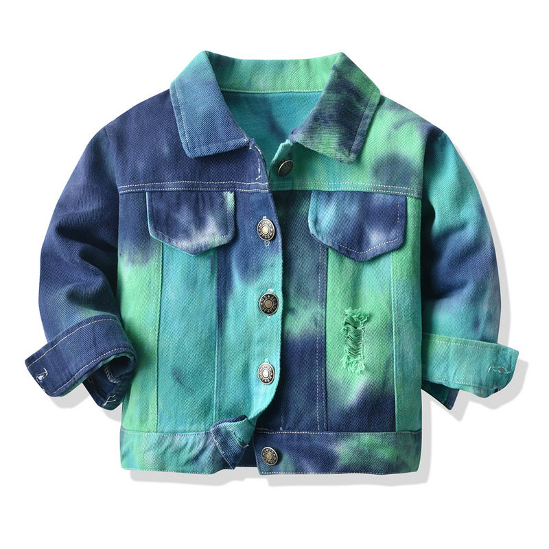 Wholesale foreign trade children's clothing: new tie-dye denim jacket for boys and girls, korean style cropped ripped top, kids' denim outfit
