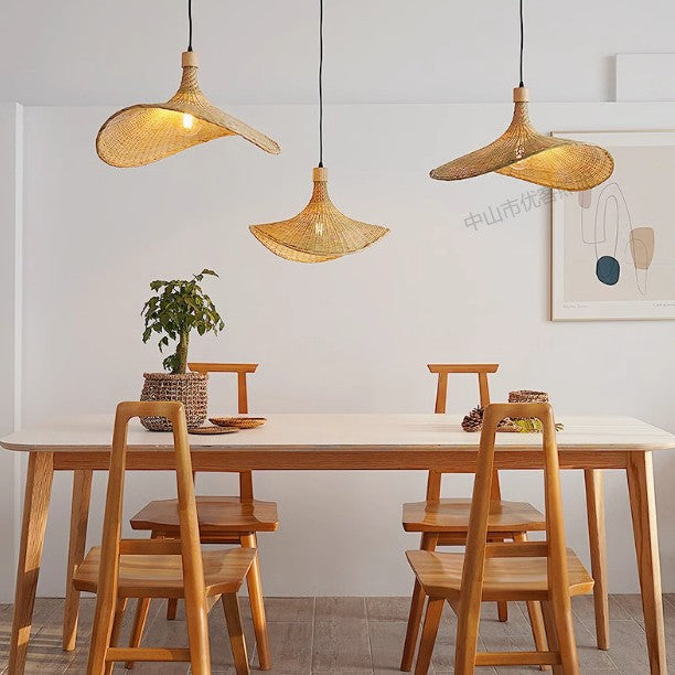 Cross-border Bamboo Chandelier New Chinese Tea Room Rattan Art South East Asia Japanese Lighting Straw Hat Light Tea House Antique Lampshade