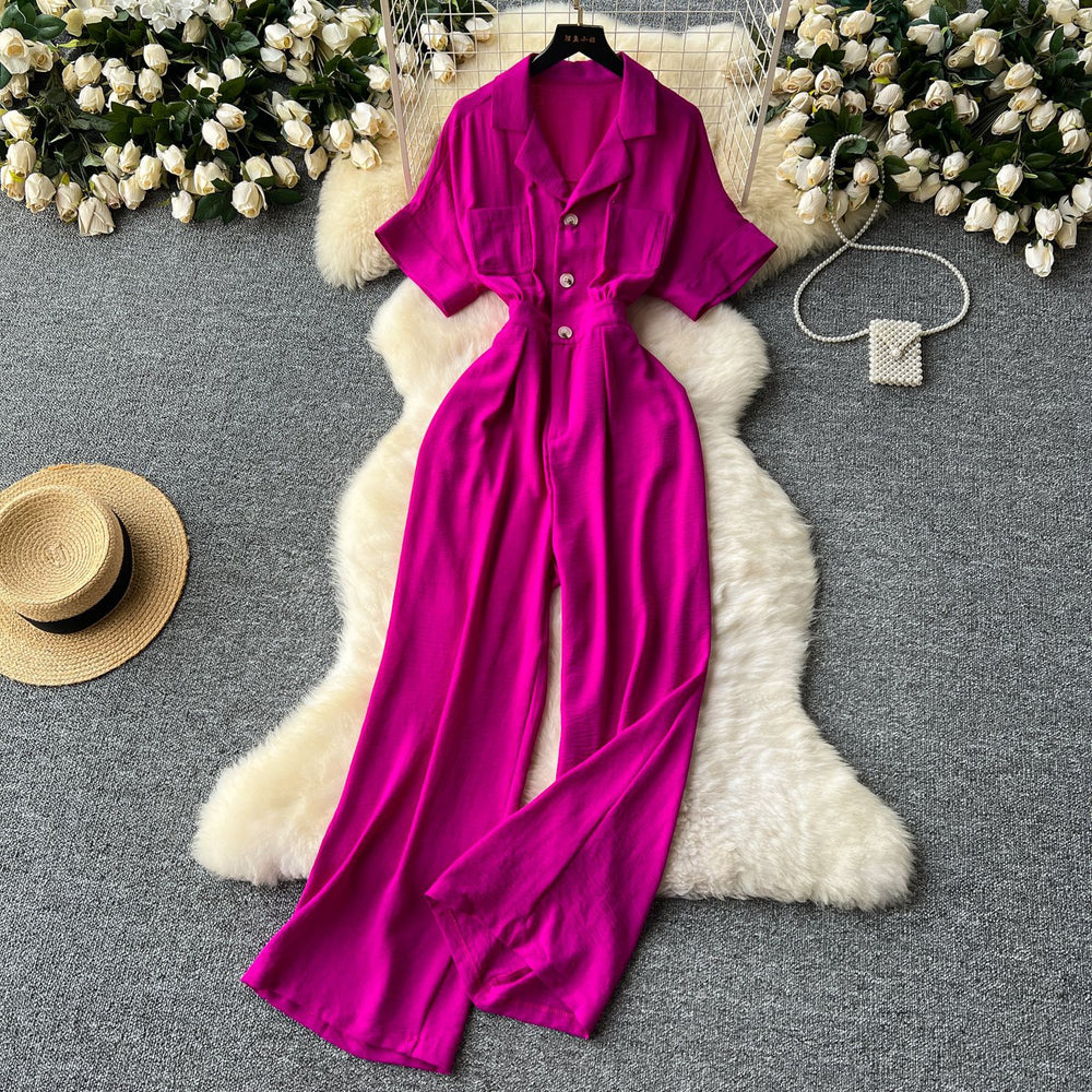 Summer women's new jumpsuit chic niche lightly mature style suit collar single breasted short sleeve high waistcasual jumpsuit