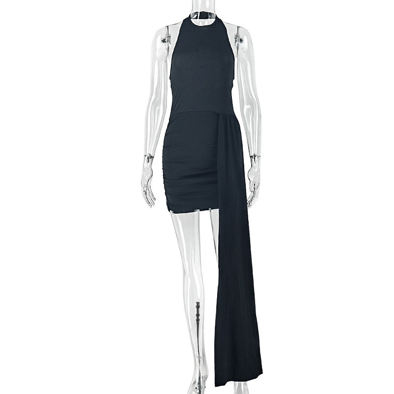 European and american style cross-border solid color design women's tie-up slimming bodycon mini dress with round neck - wholesale