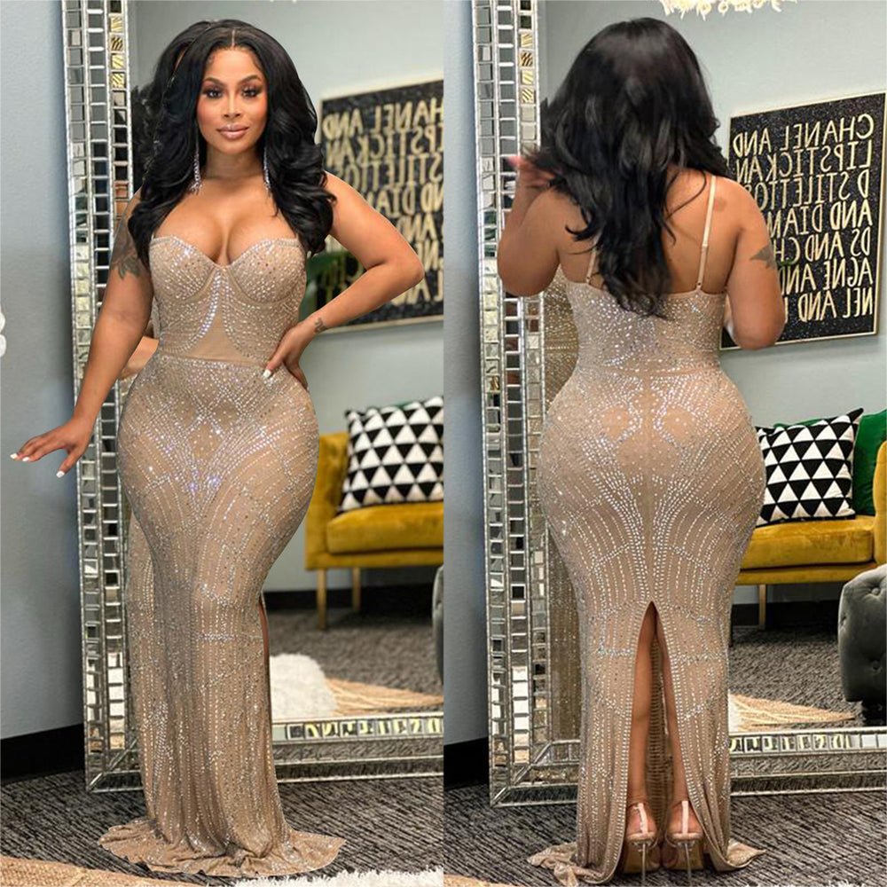 C6201   fashion women's solid color rhinestone mesh sleeveless spaghetti strap maxi dress