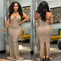 C6201   fashion women's solid color rhinestone mesh sleeveless spaghetti strap maxi dress