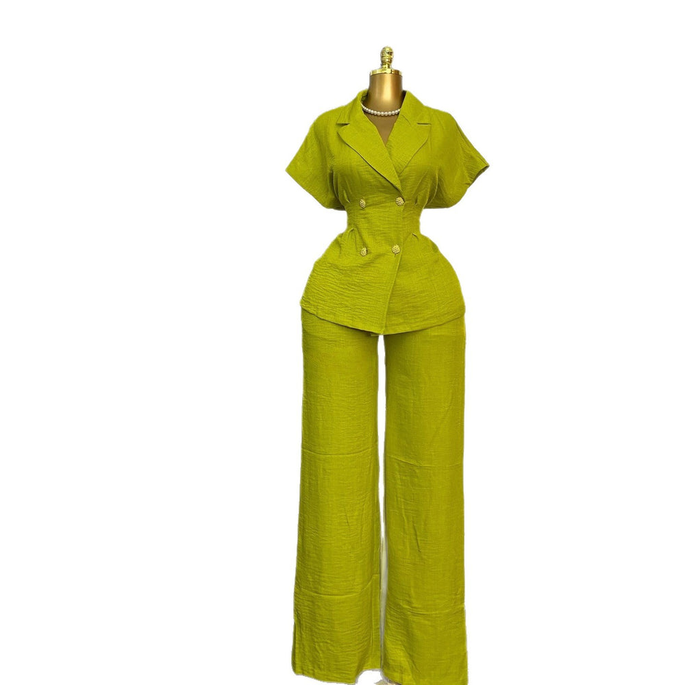 European and american cross-border women's fashion  summer new arrival: elegant turn-down collar, cinched waist, short-sleeve shirt and wide-leg pants casual set