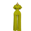European and american cross-border women's fashion  summer new arrival: elegant turn-down collar, cinched waist, short-sleeve shirt and wide-leg pants casual set